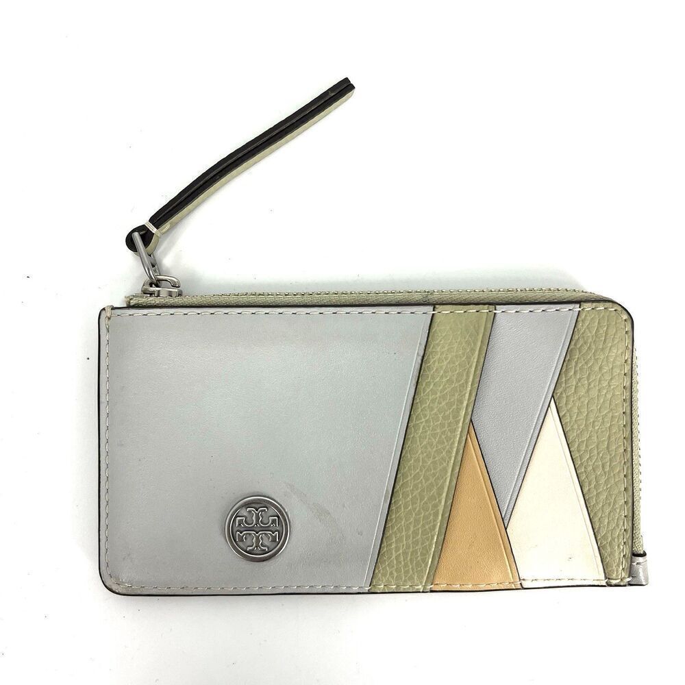 Tory Burch Robinson Color Block Top Zip Card Case Mini Wallet Feather Gray